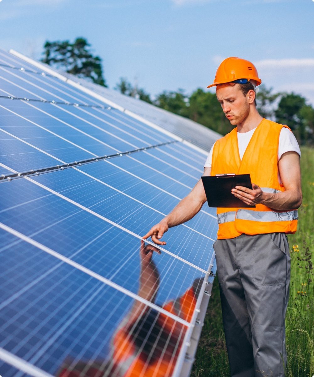 A contractor is working at solar panel site.